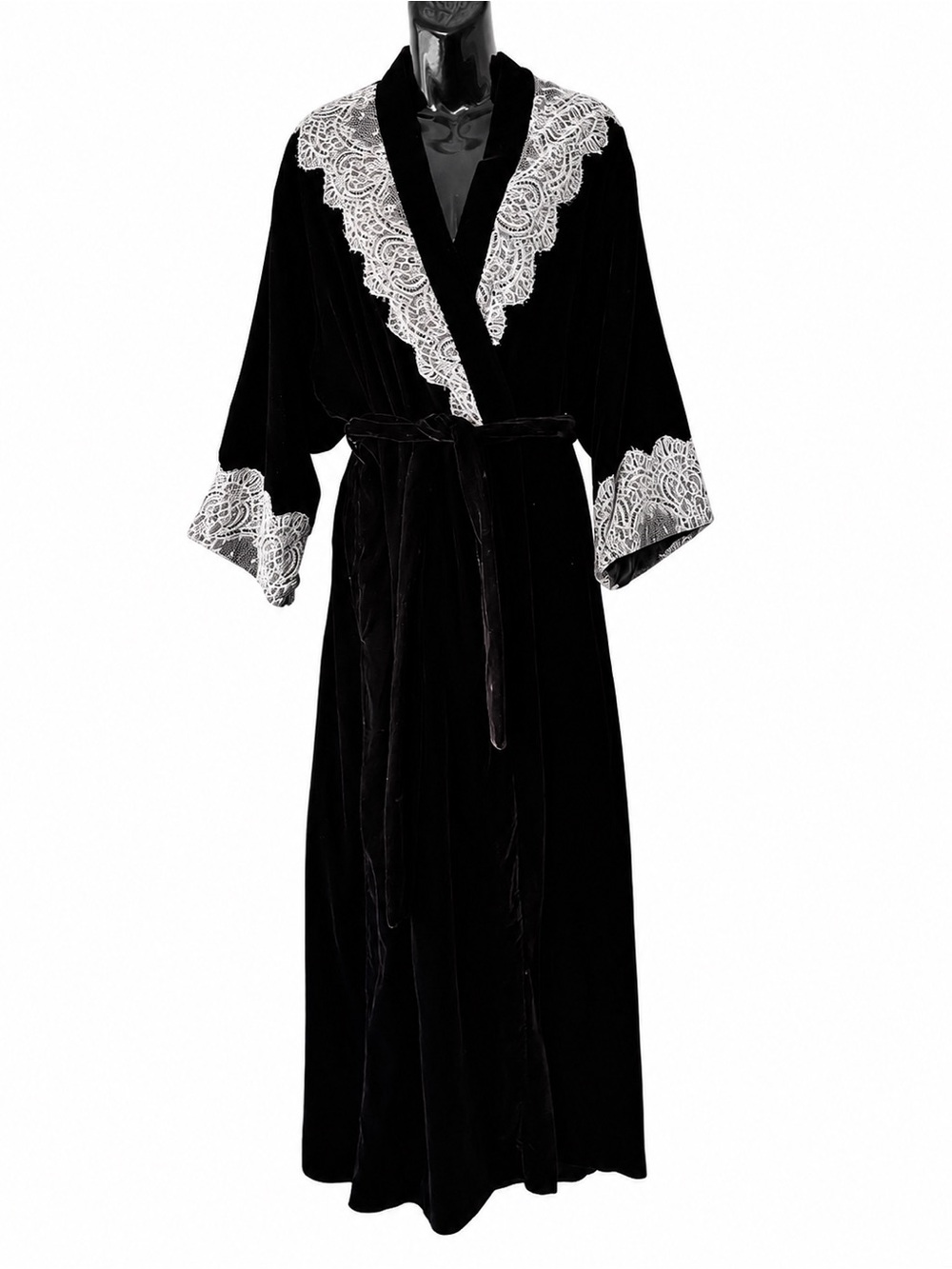 Vintage 90s Natori Black Velvet & Lace Dressing Gown Long Robe Satin Lined Small